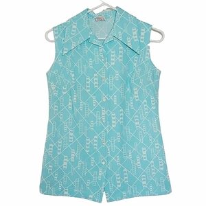 🟢1200 * Graff Sleeveless Button Down Teal White Size Unknown Vintage 70s